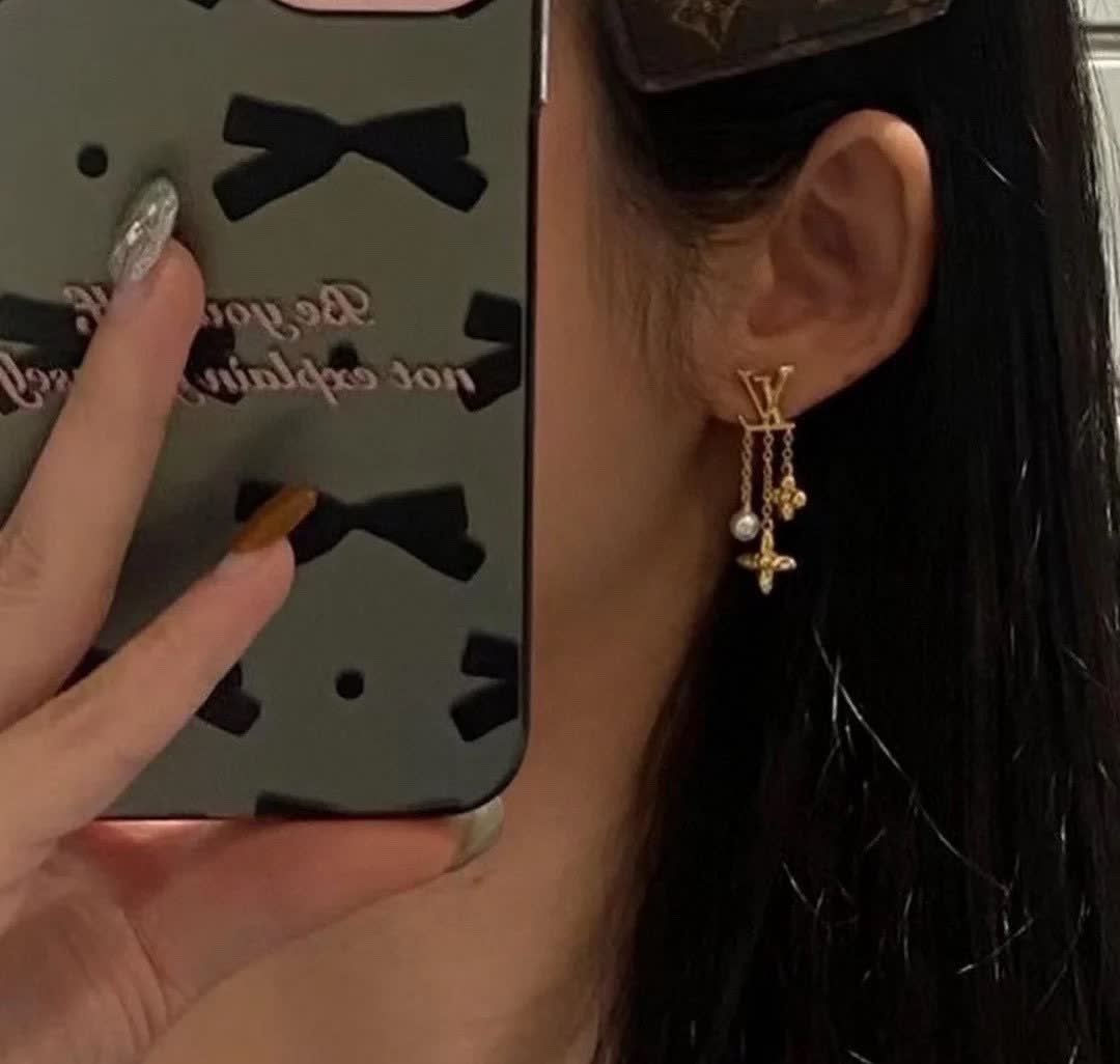 Louis Vuitton Gold Tone Earrings with Pearl and Flower Charms